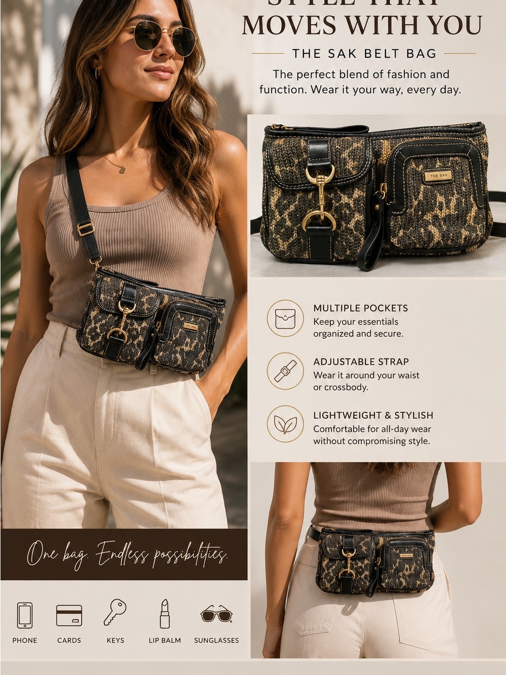 The Sak Leopard Print Crossbody Belt Bag in Black and Brown